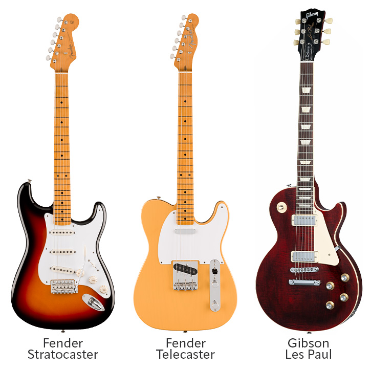 Visual of fender strat, fender tele, gibson les paul